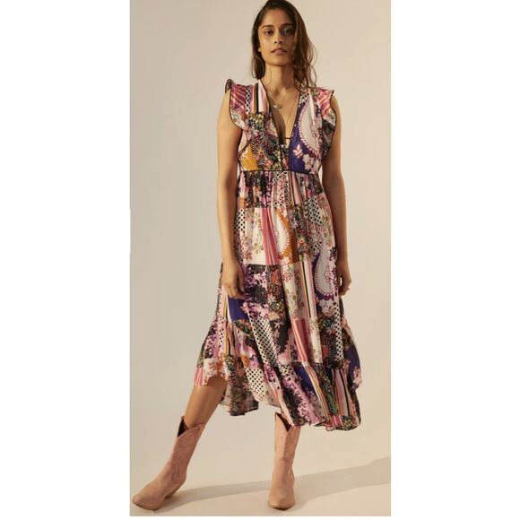 Anthropologie Ruffled Patchwork Asymmetrical Hem Midi Dress 00P - Picture 1 of 6